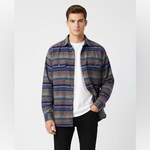 Vintage International News Autumn Sport Striped Men's Button Down Cotton Shirt L